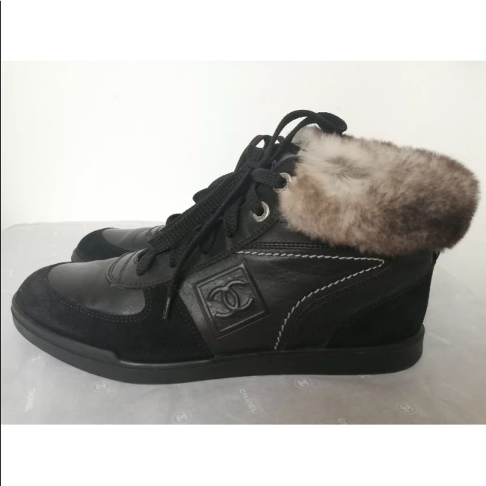 CHANEL Fur Trim Leather Sneakers